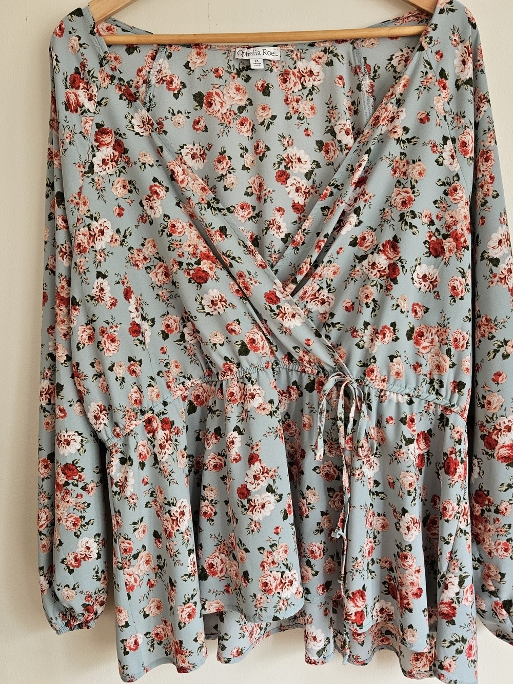 ​Ophelia Roe Plus Size 2X Floral Print Long Sleeve Faux Wrap Peplum Blouse